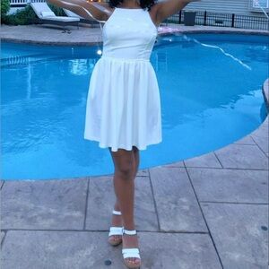 white halter dress w/ open back & pockets